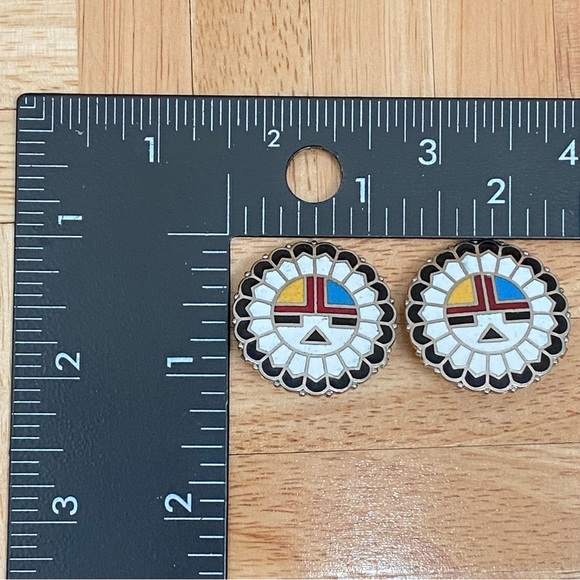 Indian Lore Genuine Copper Porcelain Enamel Inlaid Sun Face Clip On Earrings - Picture 7 of 13